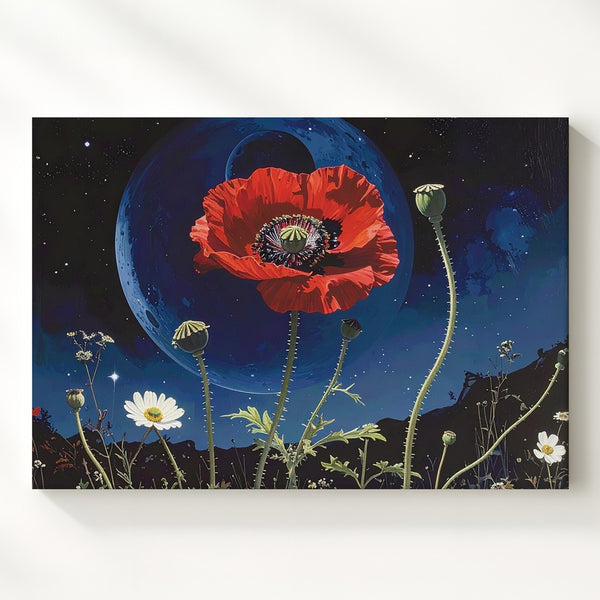 Cosmic Poppy and Wildflowers Canvas – Surreal Botanical Art with Celestial Background - Gifitto