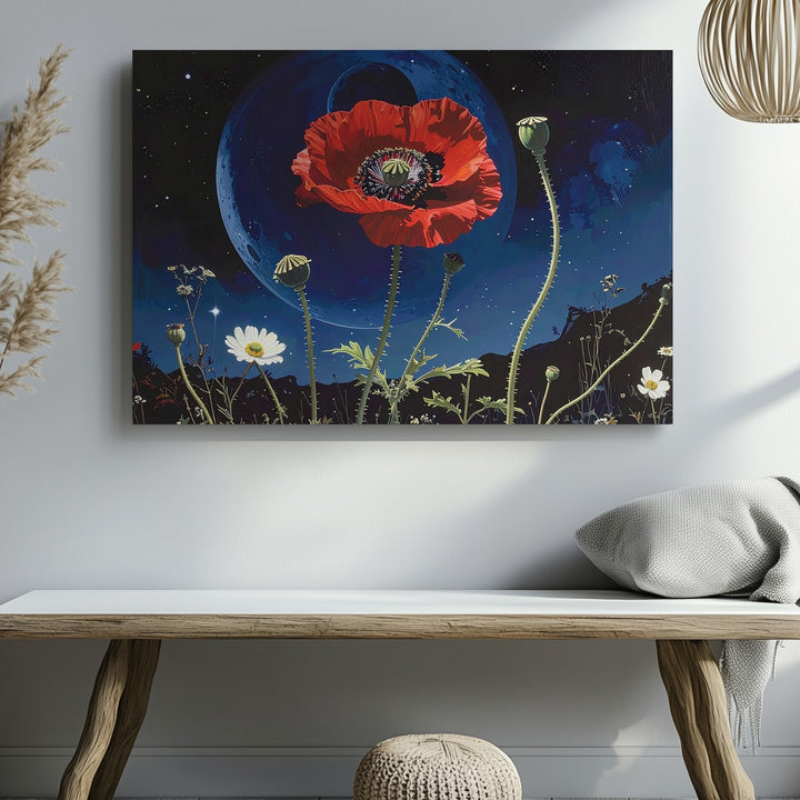 Cosmic Poppy and Wildflowers Canvas – Surreal Botanical Art with Celestial Background - Gifitto