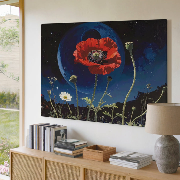 Cosmic Poppy and Wildflowers Canvas – Surreal Botanical Art with Celestial Background - Gifitto