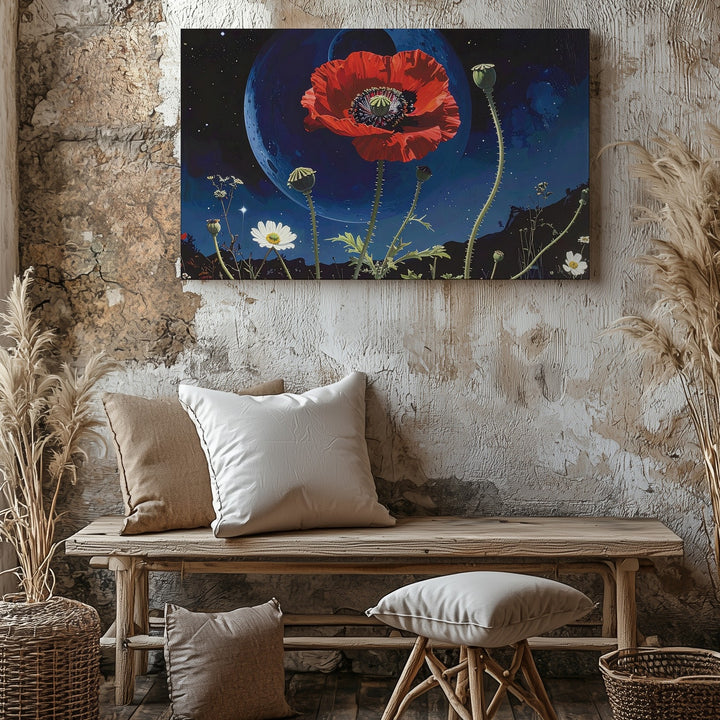 Cosmic Poppy and Wildflowers Canvas – Surreal Botanical Art with Celestial Background - Gifitto