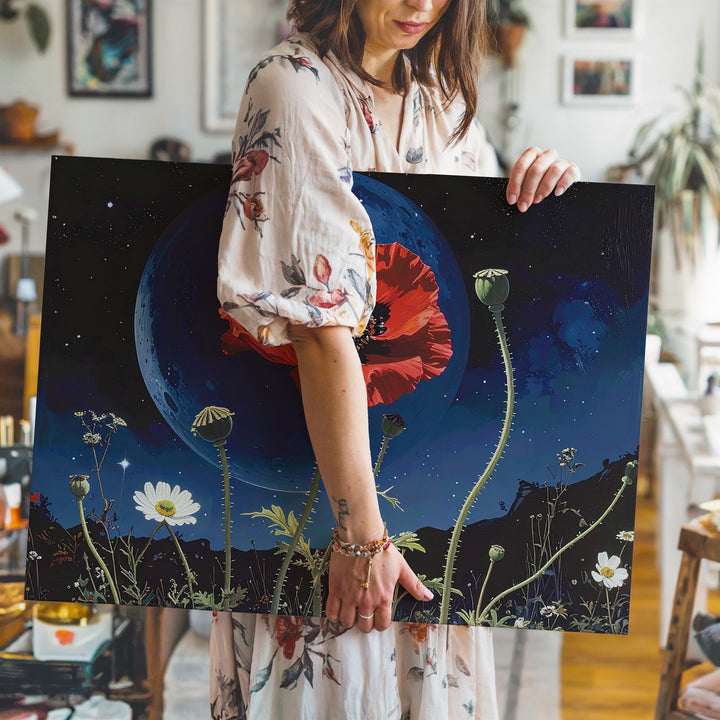 Cosmic Poppy and Wildflowers Canvas – Surreal Botanical Art with Celestial Background - Gifitto