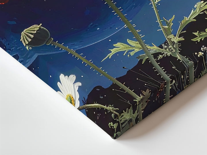 Cosmic Poppy and Wildflowers Canvas – Surreal Botanical Art with Celestial Background - Gifitto