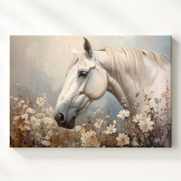 White Horse with Wildflowers Canvas – Serene Pastel Equestrian Art - Gifitto