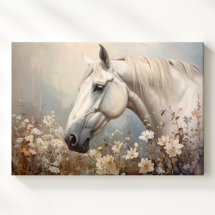 White Horse with Wildflowers Canvas – Serene Pastel Equestrian Art - Gifitto