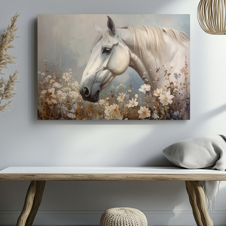 White Horse with Wildflowers Canvas – Serene Pastel Equestrian Art - Gifitto