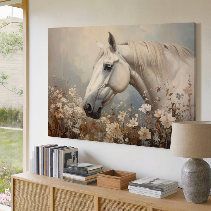 White Horse with Wildflowers Canvas – Serene Pastel Equestrian Art - Gifitto