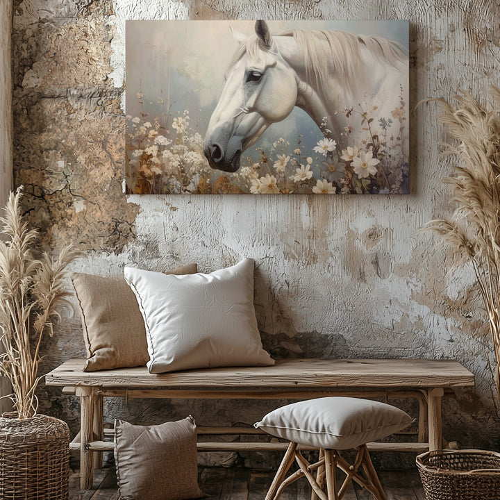 White Horse with Wildflowers Canvas – Serene Pastel Equestrian Art - Gifitto