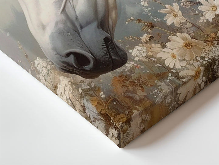 White Horse with Wildflowers Canvas – Serene Pastel Equestrian Art - Gifitto