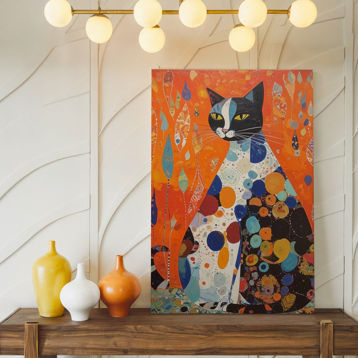 Modern Abstract Cat Canvas – Tall Stylized Feline with Retro Colors - Gifitto