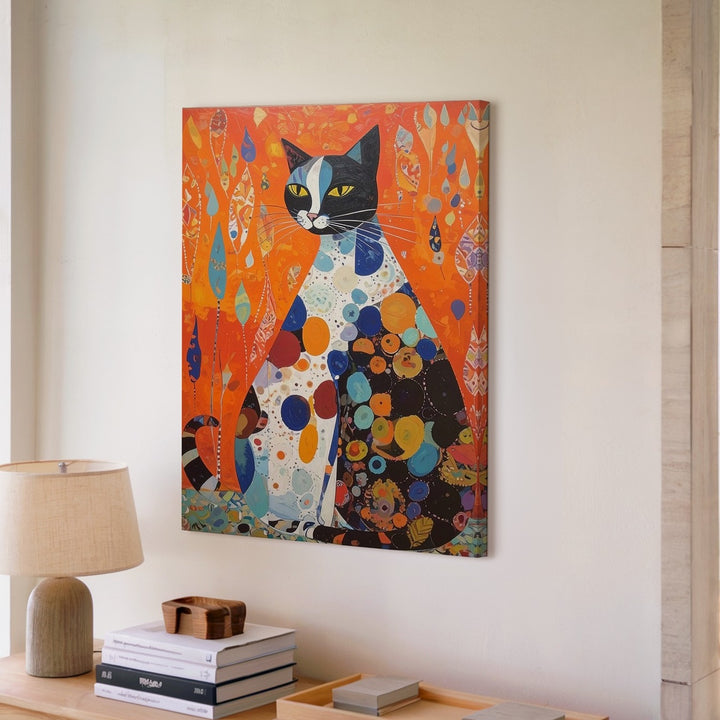 Modern Abstract Cat Canvas – Tall Stylized Feline with Retro Colors - Gifitto