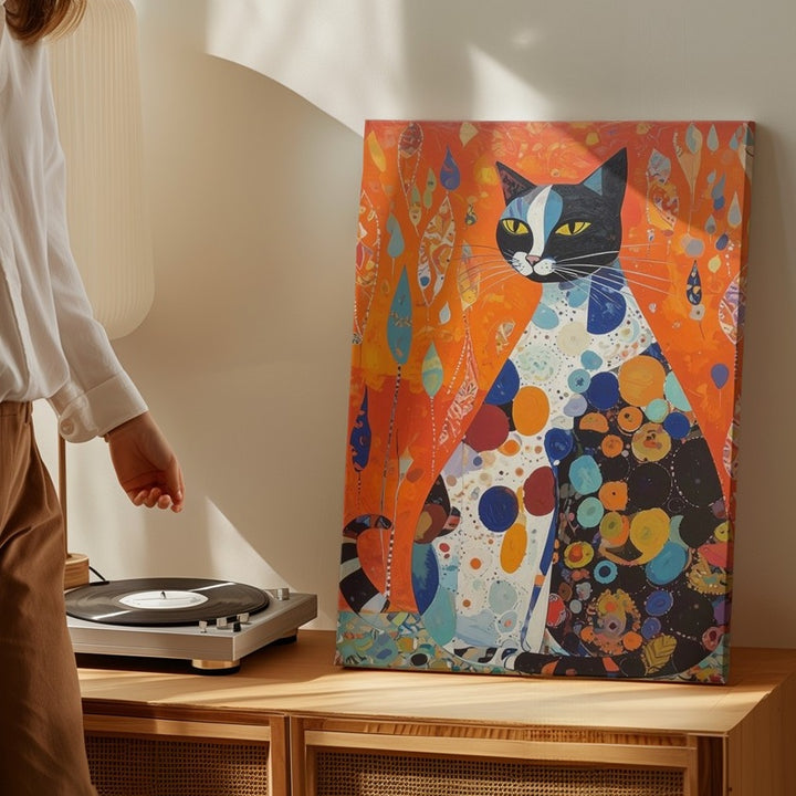 Modern Abstract Cat Canvas – Tall Stylized Feline with Retro Colors - Gifitto