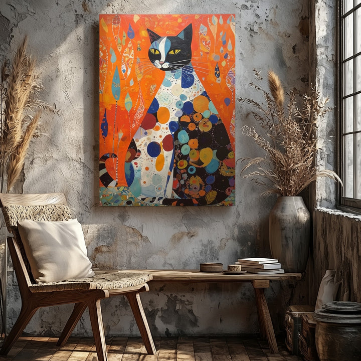 Modern Abstract Cat Canvas – Tall Stylized Feline with Retro Colors - Gifitto