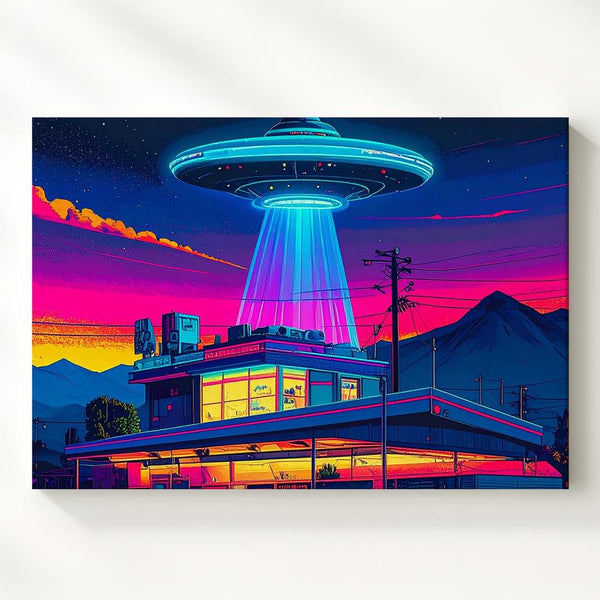 Retro UFO Diner Canvas – Vibrant Vintage Diner with Hovering UFO and Neon Lights - Gifitto
