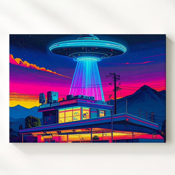 Retro UFO Diner Canvas – Vibrant Vintage Diner with Hovering UFO and Neon Lights - Gifitto