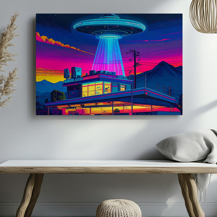 Retro UFO Diner Canvas – Vibrant Vintage Diner with Hovering UFO and Neon Lights - Gifitto