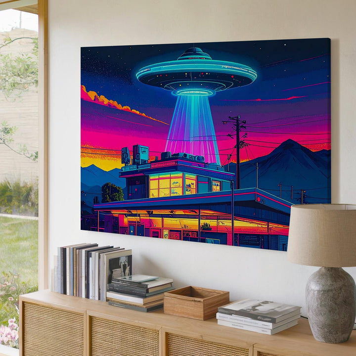 Retro UFO Diner Canvas – Vibrant Vintage Diner with Hovering UFO and Neon Lights - Gifitto