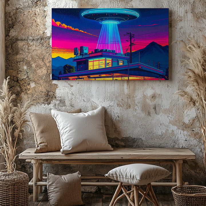 Retro UFO Diner Canvas – Vibrant Vintage Diner with Hovering UFO and Neon Lights - Gifitto