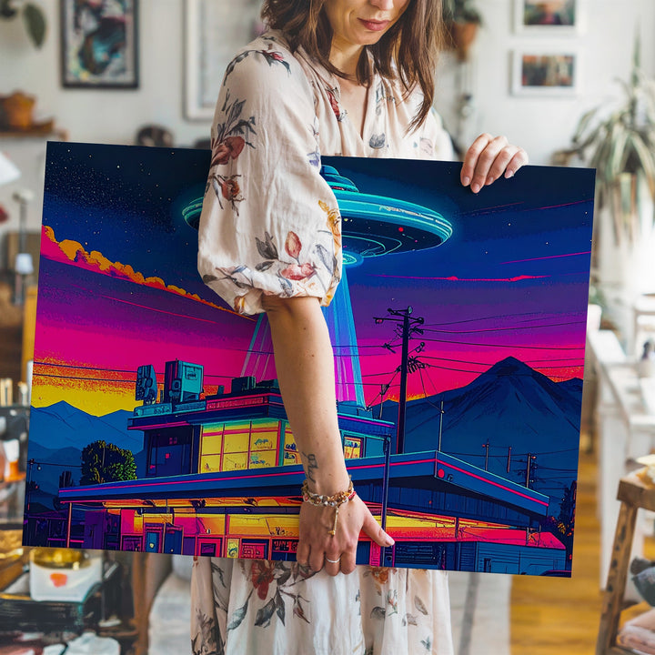 Retro UFO Diner Canvas – Vibrant Vintage Diner with Hovering UFO and Neon Lights - Gifitto