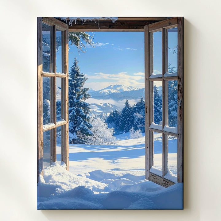 Winter Window View Canvas – Serene Landscape of Snow-Covered Forest - Gifitto