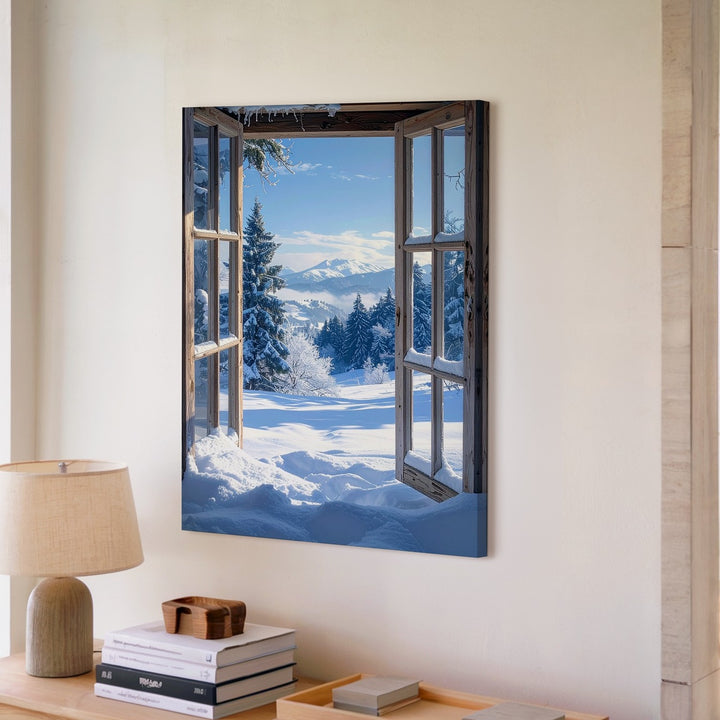 Winter Window View Canvas – Serene Landscape of Snow-Covered Forest - Gifitto