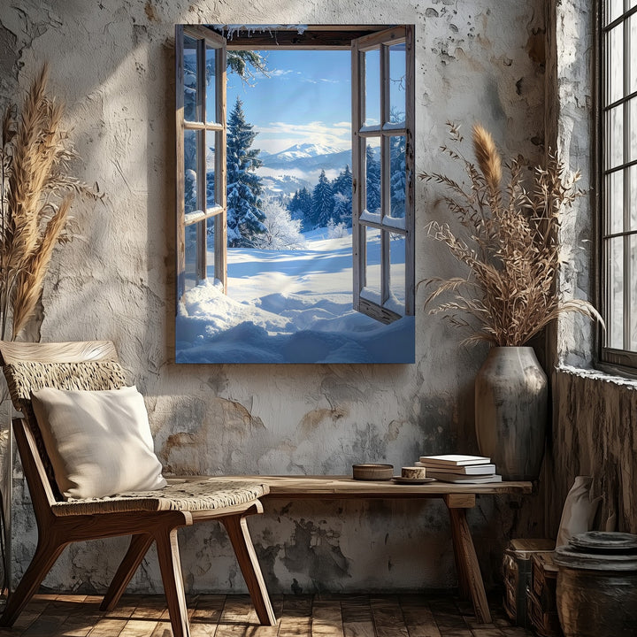 Winter Window View Canvas – Serene Landscape of Snow-Covered Forest - Gifitto