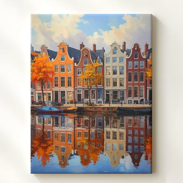 Amsterdam Canal Canvas – Colorful Dutch Townhouses and Autumn Reflections