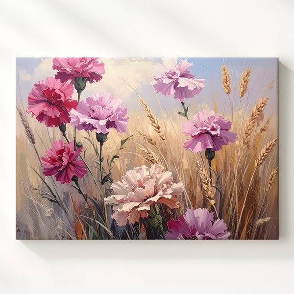 Sunlit Carnations & Wheat Canvas – Summer Field Floral Art - Gifitto