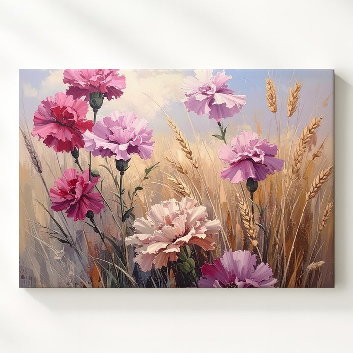 Sunlit Carnations & Wheat Canvas – Summer Field Floral Art - Gifitto