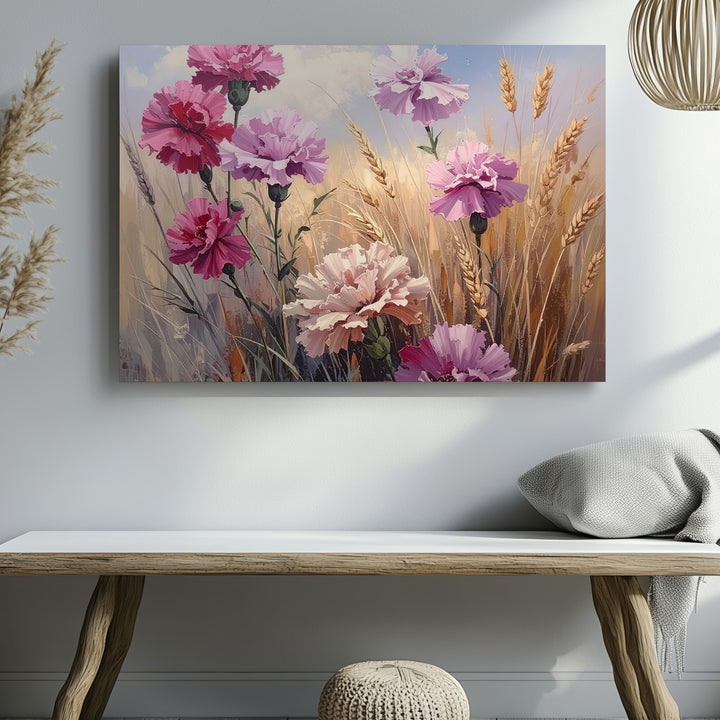 Sunlit Carnations & Wheat Canvas – Summer Field Floral Art - Gifitto