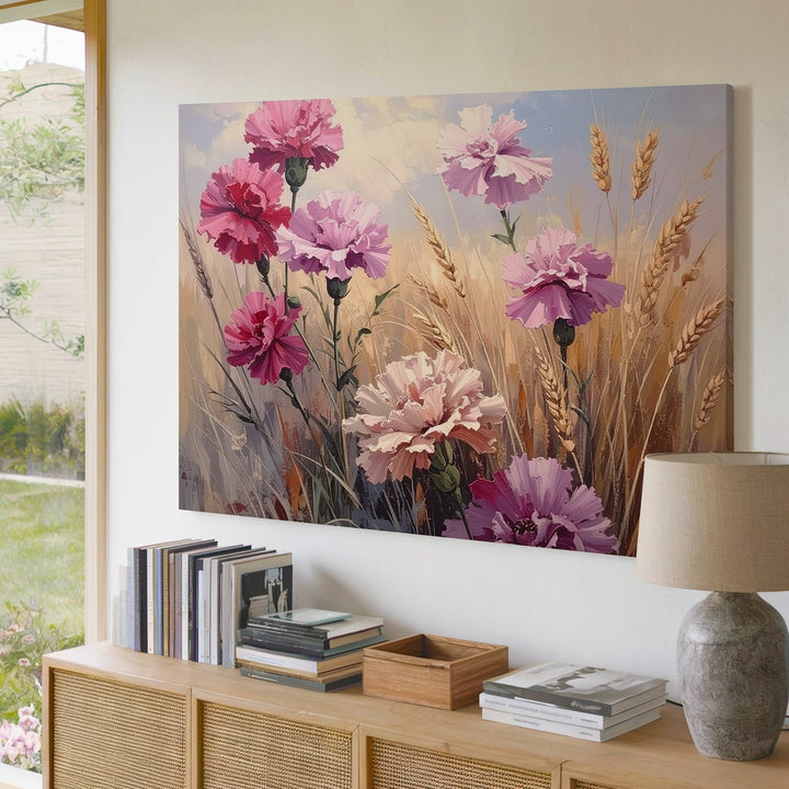 Sunlit Carnations & Wheat Canvas – Summer Field Floral Art - Gifitto