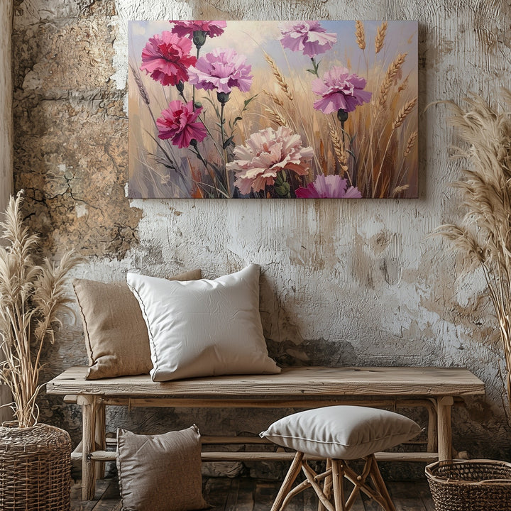 Sunlit Carnations & Wheat Canvas – Summer Field Floral Art - Gifitto