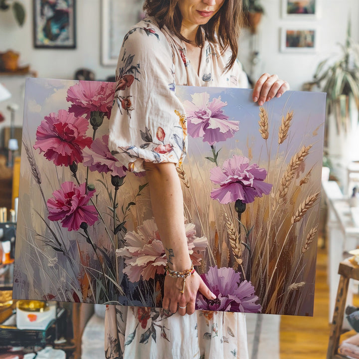 Sunlit Carnations & Wheat Canvas – Summer Field Floral Art - Gifitto