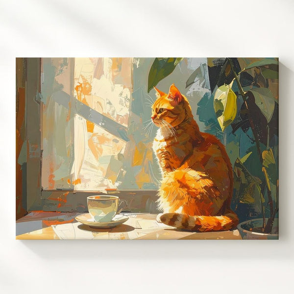 Sunlit Tabby & Tea Canvas – Cozy Cat Scene in Warm Painterly Style - Gifitto