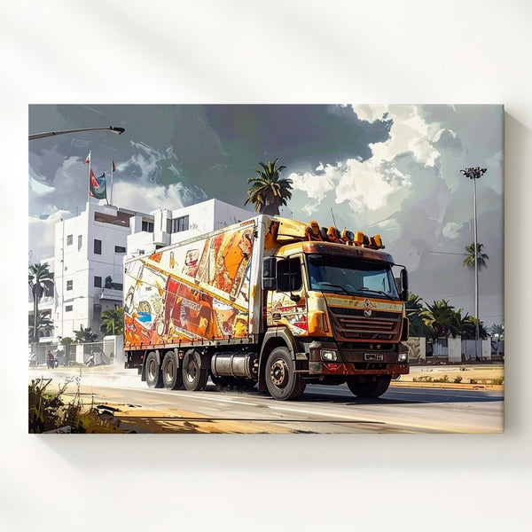 Vibrant Indian Decorated Truck Canvas – Cinematic Cultural Urban Art - Gifitto