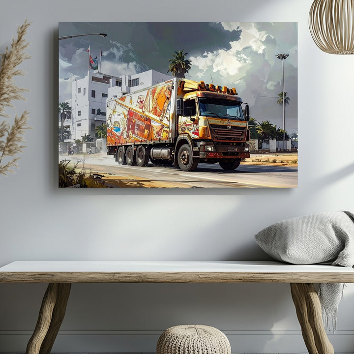 Vibrant Indian Decorated Truck Canvas – Cinematic Cultural Urban Art - Gifitto
