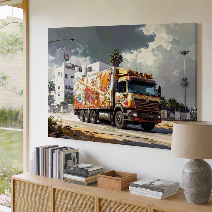 Vibrant Indian Decorated Truck Canvas – Cinematic Cultural Urban Art - Gifitto