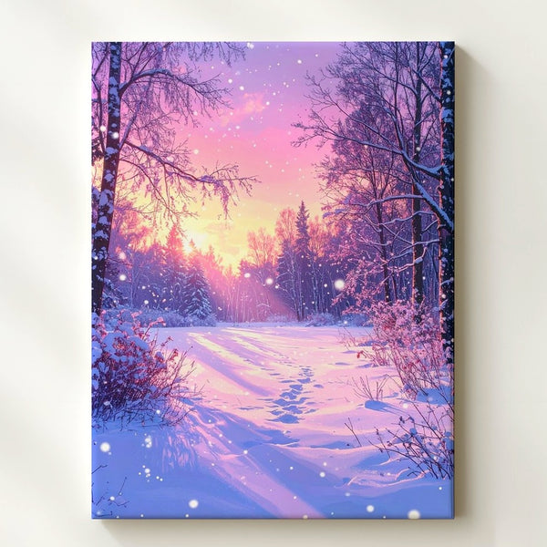Dreamy Winter Sunset Canvas – Forest Clearing with Falling Snow