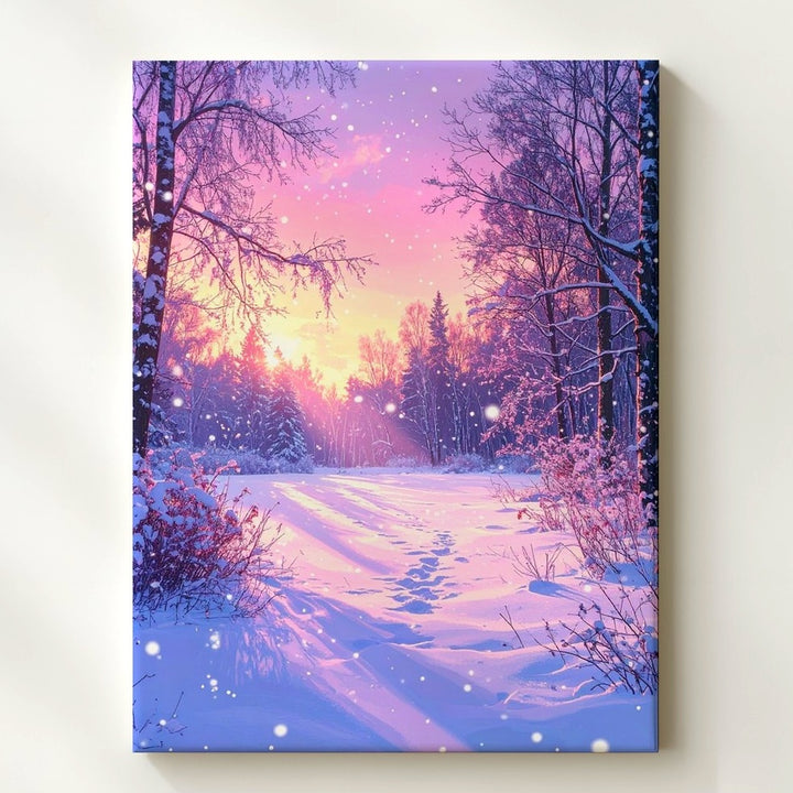 Dreamy Winter Sunset Canvas – Forest Clearing with Falling Snow - Gifitto