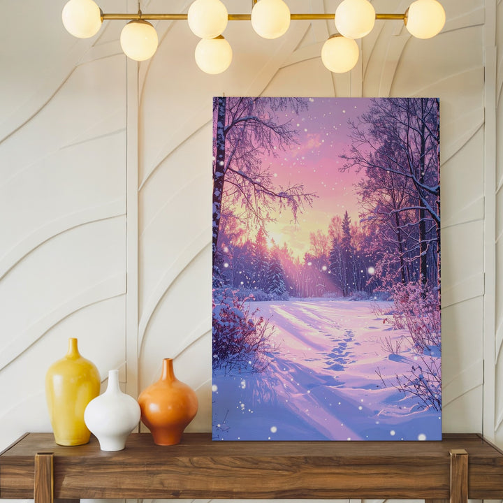 Dreamy Winter Sunset Canvas – Forest Clearing with Falling Snow - Gifitto