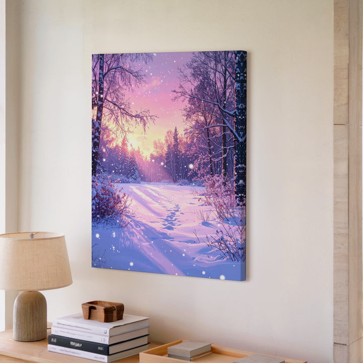 Dreamy Winter Sunset Canvas – Forest Clearing with Falling Snow - Gifitto