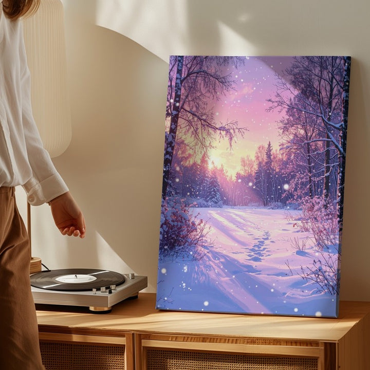 Dreamy Winter Sunset Canvas – Forest Clearing with Falling Snow - Gifitto