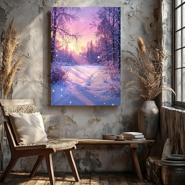 Dreamy Winter Sunset Canvas – Forest Clearing with Falling Snow - Gifitto