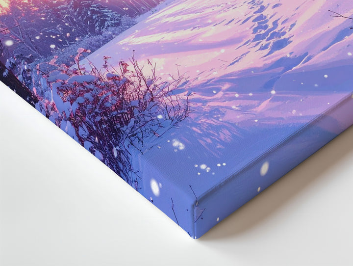 Dreamy Winter Sunset Canvas – Forest Clearing with Falling Snow - Gifitto