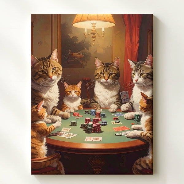 Cats Playing Poker Canvas – Humorous Anthropomorphic Feline Game Night - Gifitto