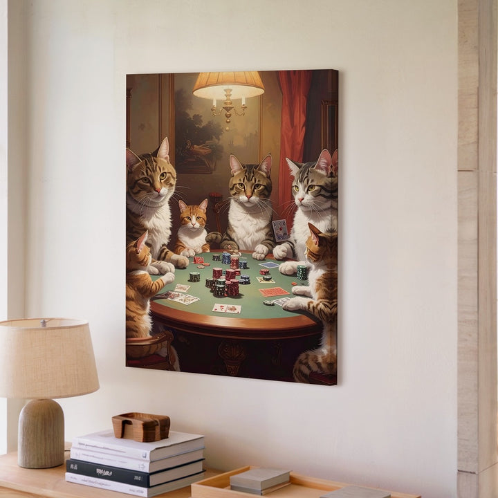 Cats Playing Poker Canvas – Humorous Anthropomorphic Feline Game Night - Gifitto