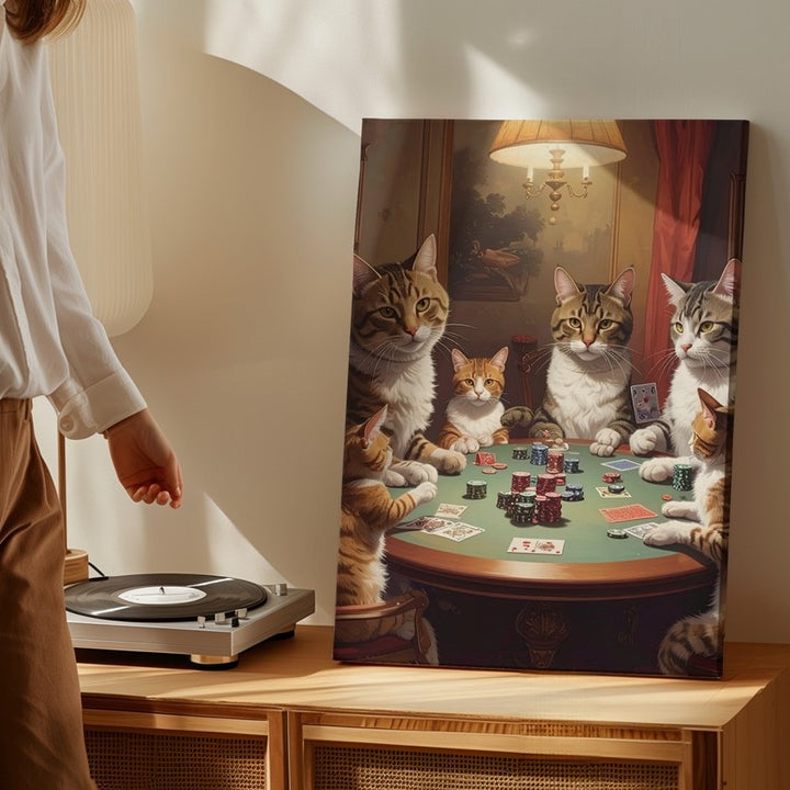 Cats Playing Poker Canvas – Humorous Anthropomorphic Feline Game Night - Gifitto