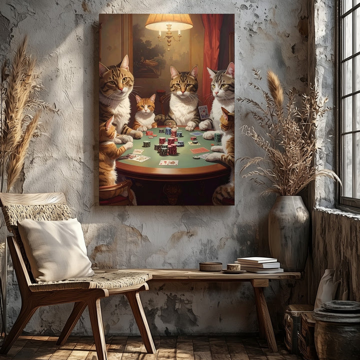 Cats Playing Poker Canvas – Humorous Anthropomorphic Feline Game Night - Gifitto
