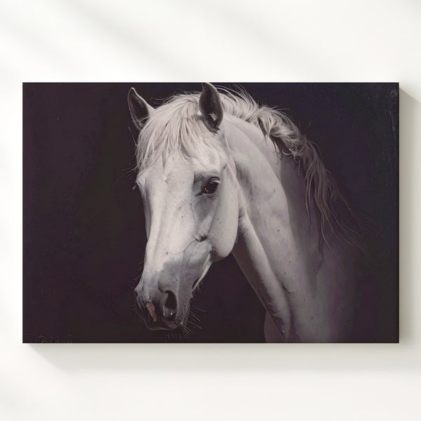 Illuminated White Horse Canvas – Minimalist Equestrian Portrait Art - Gifitto