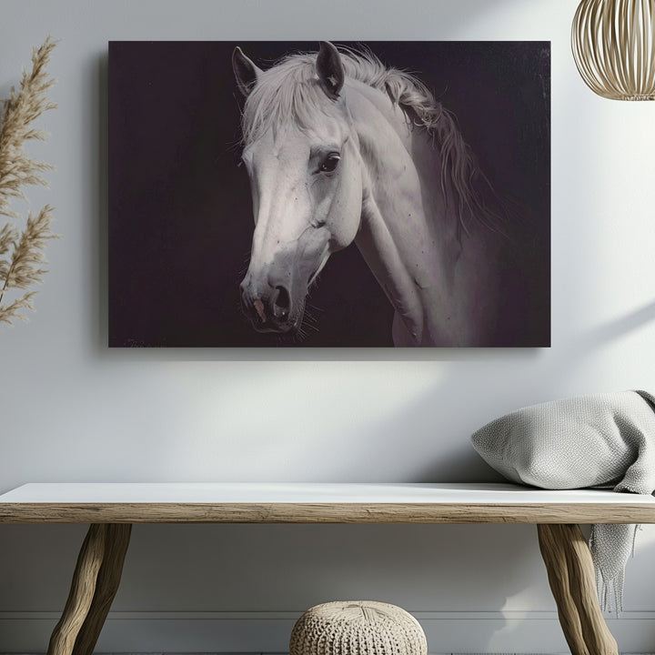 Illuminated White Horse Canvas – Minimalist Equestrian Portrait Art - Gifitto