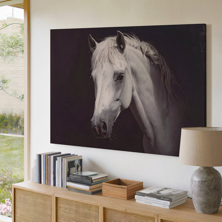 Illuminated White Horse Canvas – Minimalist Equestrian Portrait Art - Gifitto